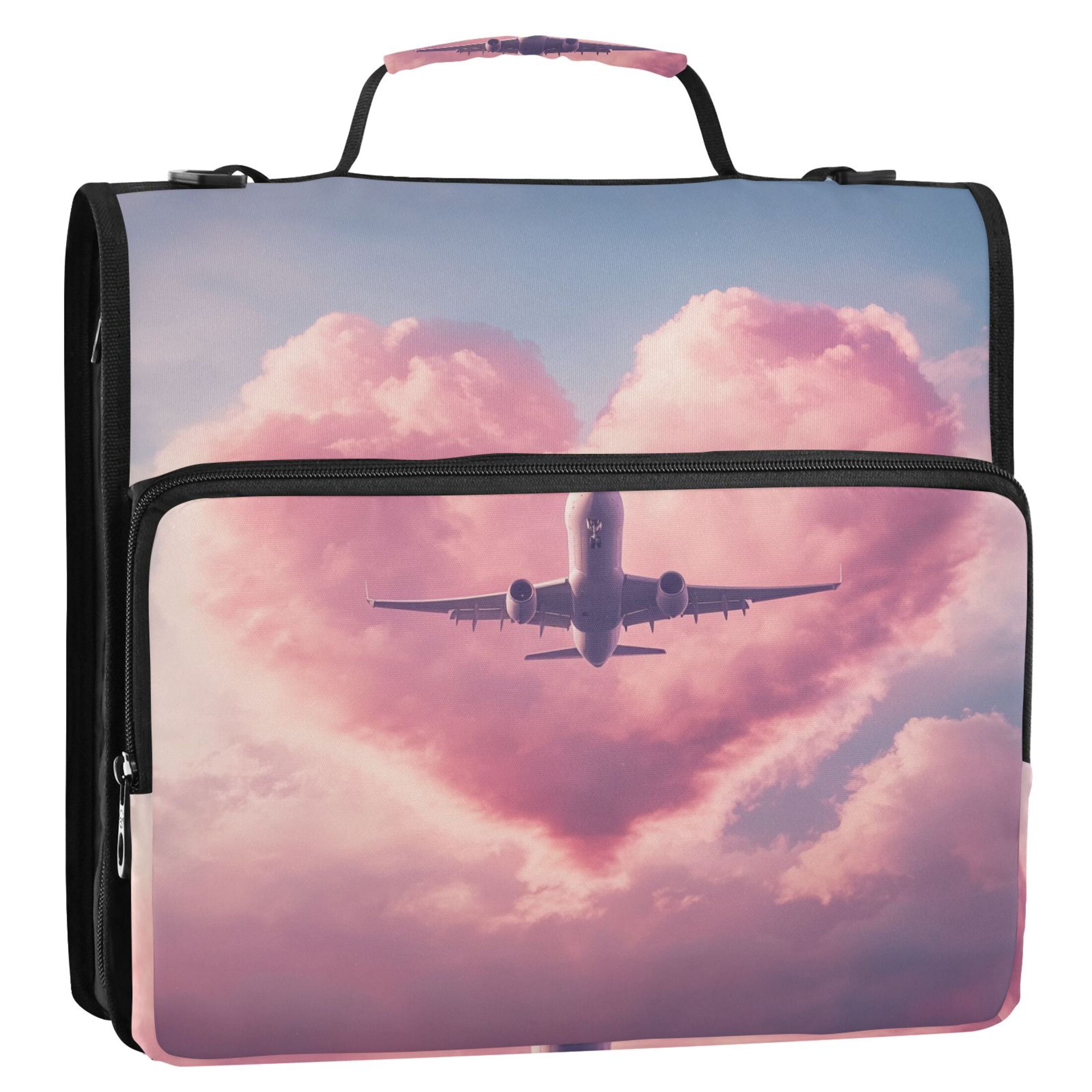 3 Ring Zipper Binder with Shoulder Strap Waterproof Trapper Keeper 2 Inch D-Ring 500 Sheets Capacity Airplane Fly Through Heart Cloud