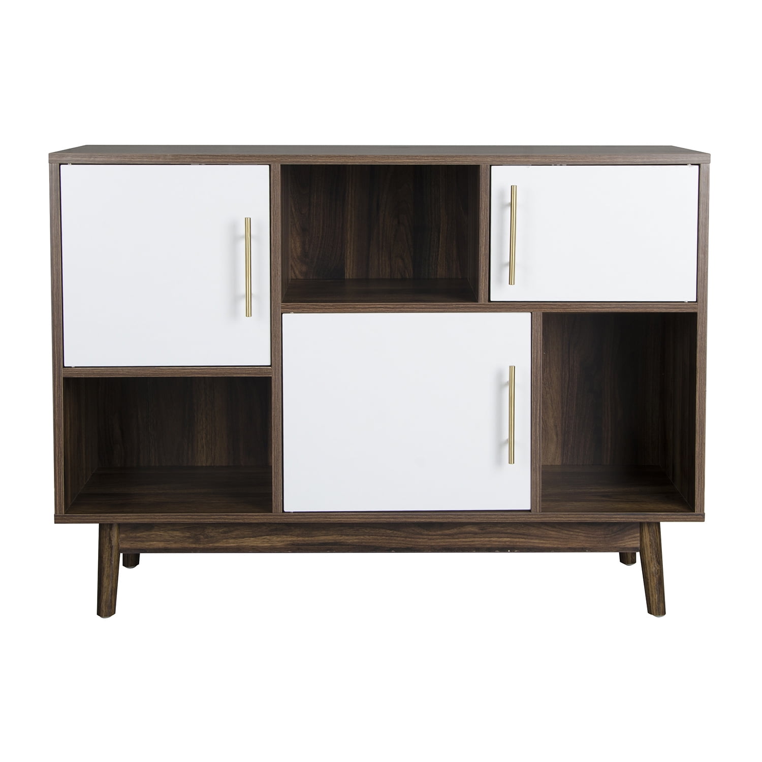 Private Jungle TV Cabinet Storage Organizer, 3 Cubes Wooden Storage Cabinet with 3 Doors, Floor Standing Accent Cabinet with Legs,Walnut+White