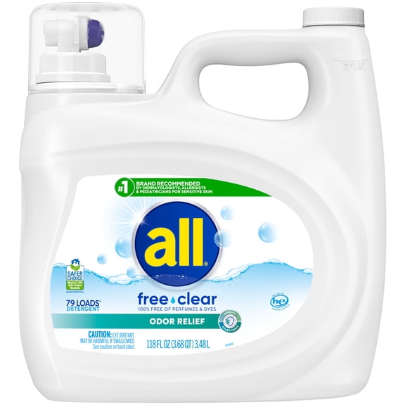all Free Clear Liquid Laundry Detergent, Odor Relief, 118 oz, 79 Loads