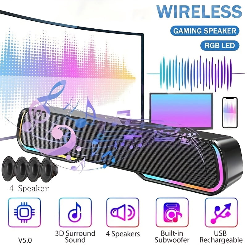 Wireless TV Sound Bar Computer Speakers, Adjustable RGB PC Gaming Speakers with Enhanced Bass And Volume Control, Stereo USB Powered 3.5mm Aux Multimedia Speakers for Laptop/Desktop/Tablets/Phone