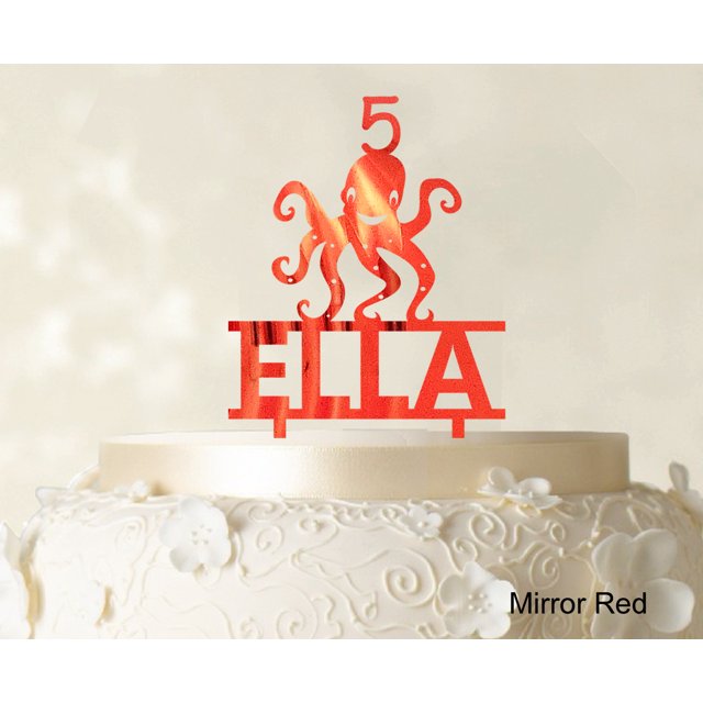 Birthday Custom Name Cake Topper With Octopus Figure Mirror Red Cake Topper Cake Decorations Color Option Available 6-7 Inches Wide