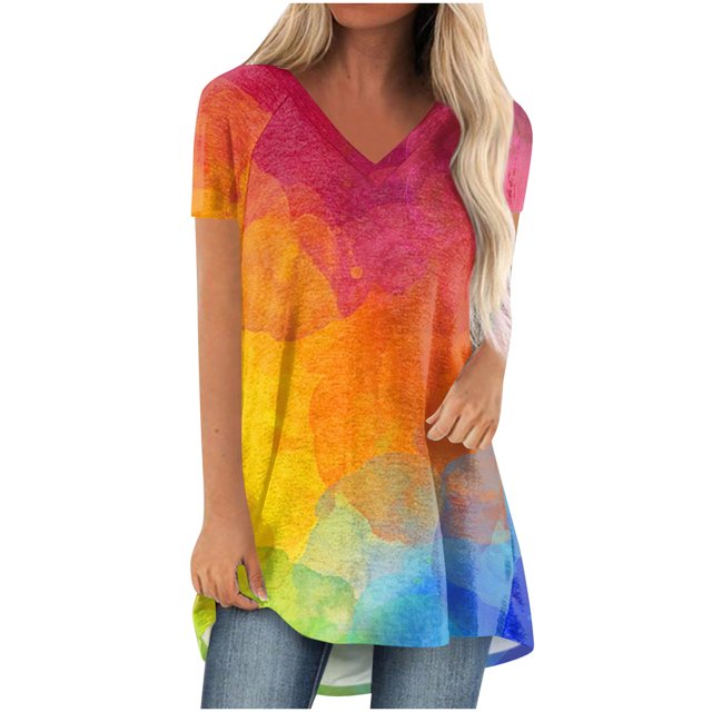Birdeem Blouse Mode Femme Dégradé Imprimé Col en V Manches Courtes T-Shirt Ample