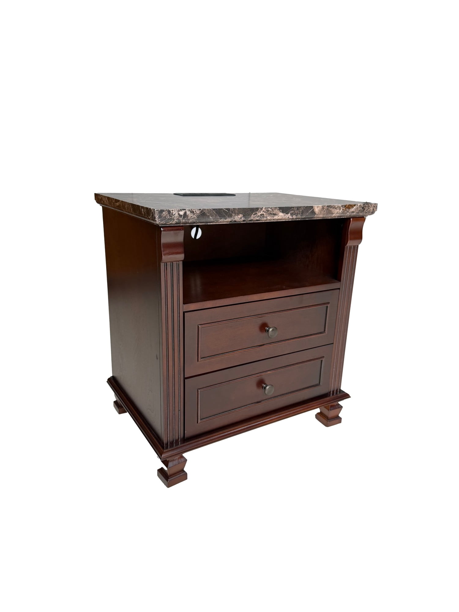 Tall Modern Nightstand with Charging Station, Bedside Table with 2 Drawers, Marble Grain Storage End Table with USB Ports and AC Outlets for Bedroom, Living Room, Brown
