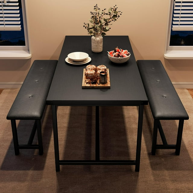 BeesClover Dining Table with 2 Benches, Dining Room Table Set for 4, Kitchen Table with 2 Upholstered Benches Rectangular Space Saving for Apartment, Dining Room, Kitchen, 44.5 Inches Large