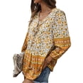 thumbnail image 2 of Liacowi Women Spring Blouse, 3/4 Sleeve Flowers  Elephant Tie-Up V-Neck Bohemian Shirt, Ladies Loose Fall Pullover Style Tops, 2 of 9