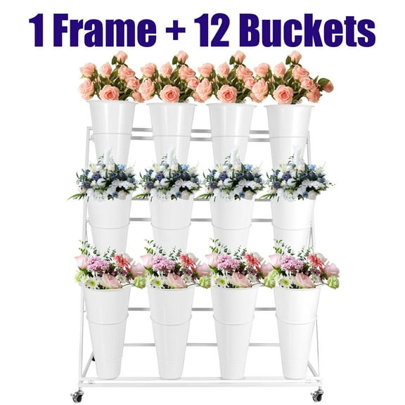 Flower Display Stand Tiered Shelf, 12 White Buckets, Revolving, Metal Shelf, Movable Metal Plant Stand, Plant Stand with Wheels for Garden, Home Wedding