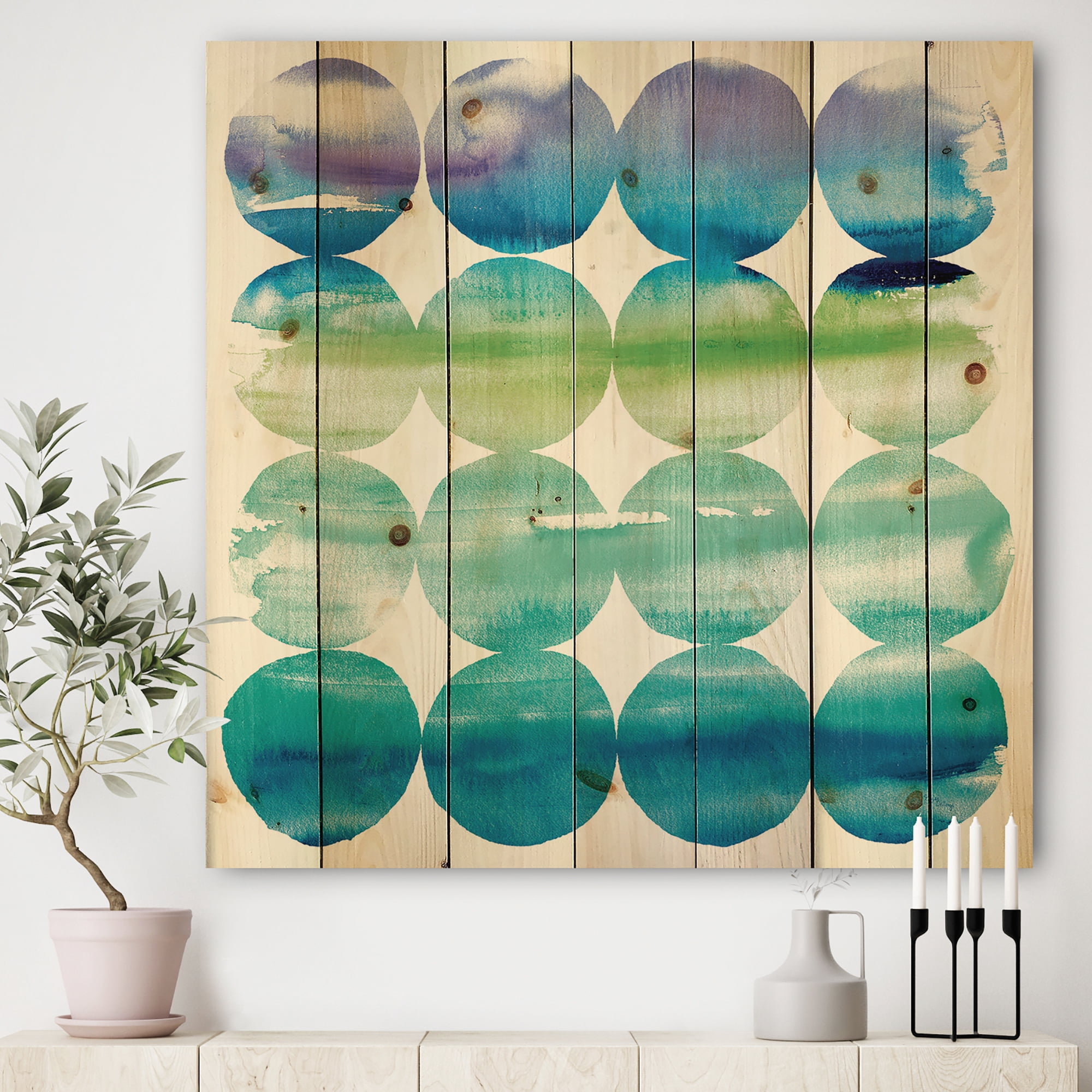 Designart 'Circle Abstract Blue Colorfields I' Modern & Transitional Print on Natural Pine Wood