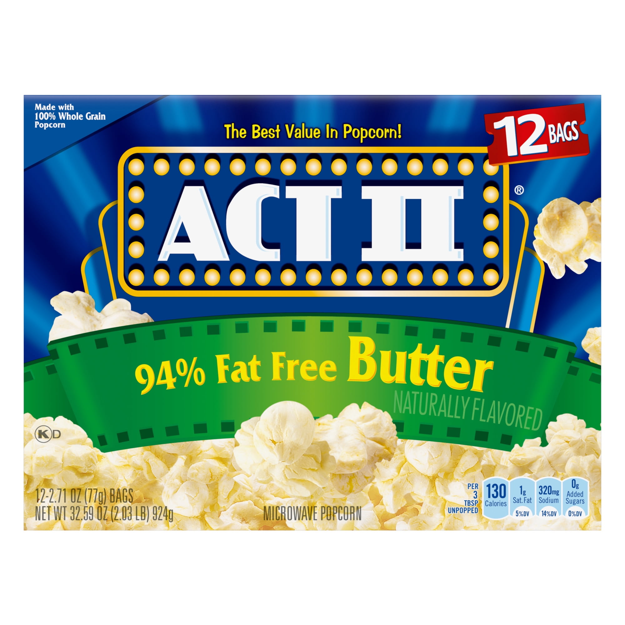 Act II 94% Fat Free Butter Microwave Popcorn, 2.71 oz., 12-Count Bags