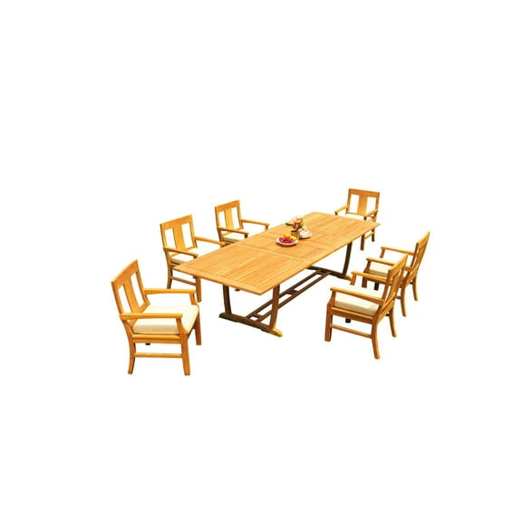 Grade-A Teak Dining Set: 6 Seater 7 Pc: 118" Mas Rectangle Trestle Leg Table And 6 Osborne Arm Chairs Outdoor Patio WholesaleTeak #51OS1507