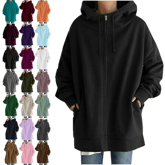 Hooded Jackets for Women Long Sleeve Jackets Solid Color Hoodie Zipper Long Sleeve Sweatshirts Long Coat Tops With Pockets Lightweight Jacket Women