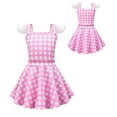 thumbnail image 3 of Gelikeya Birthday Dresses for Girls 2-14Y Halloween Pink Grid Outfits Flutter Sleeve Dress + Earrings + Necklaces 3PC Sets, 3 of 3