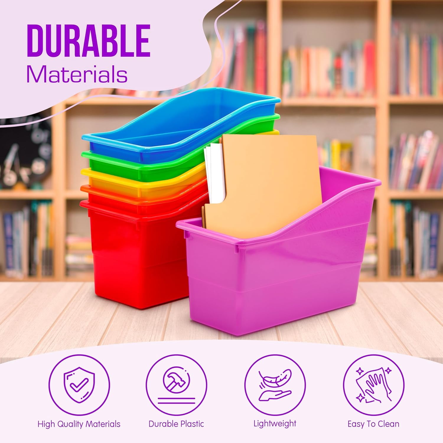4E's Novelty Book Bin Organizer Set of 6, Plastic Vertical Binder Holder for Classroom, Rainbow Colors