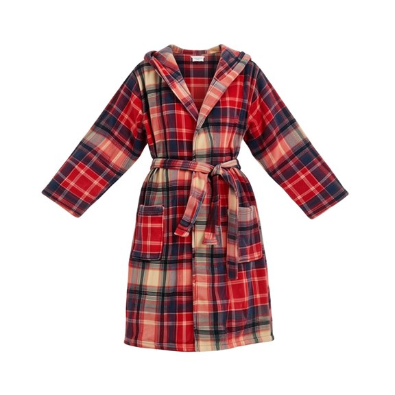 Ninixx Womens Hooded Fleece Bath Robe Printed Wrap Self Tie Belt Long Sleep Robe with Pockets Soft Warm Casual Sleepwear