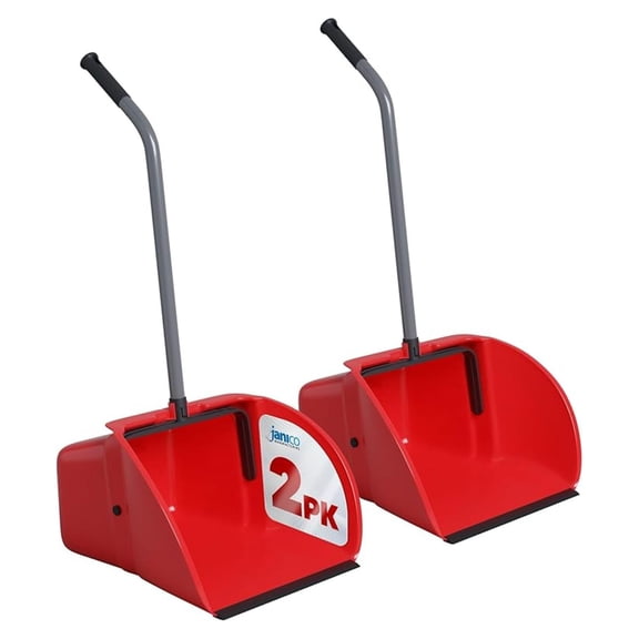 Janico Tall Dust Pan with Handle – 2 Pack – Indoor/Outdoor Heavy Duty Large Upright Standing Dust Pans with Long Handle – 12-Inch Wide Plastic Stand Up Lobby Dustpan Only with Broom Clip