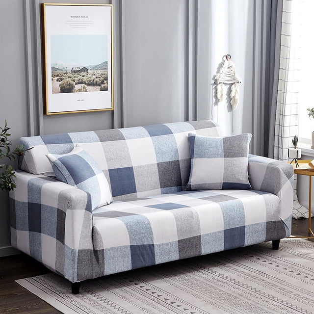 Conjunto de sofás de 3 plazas - cuadros azules - 190-230 cm, con reposabrazos, conjunto de sofás para salón