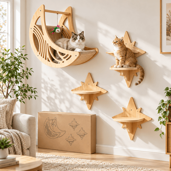 Cat Wall Shelves, 4-Piece Moon Hammock and Star Perches, Wooden Wall-Mounted Cat Furniture Set with Scratch Pad and Climbing Steps for Indoor Cats