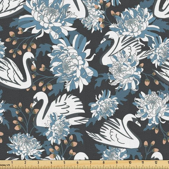 Ambesonne Floral Inspiration Fabric by the Yard Upholstery, Flowers and Swan, 5 Yards, Tan Slate Blue and White
