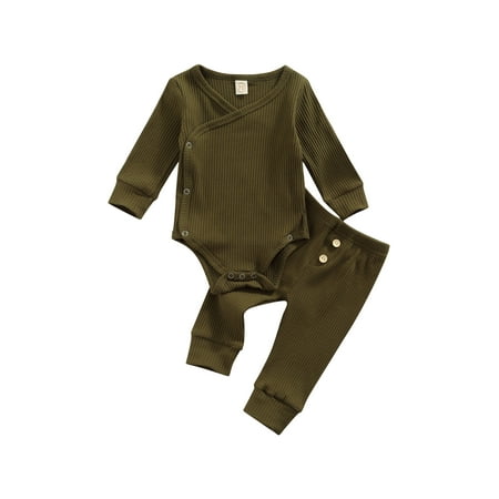 

IZhansean Unisex Newborn Baby Boy Girl Clothes Ribbed Outfits Infant Solid Button Long Sleeve Tops Pants 2PCS Set Army Green 6-12 Months