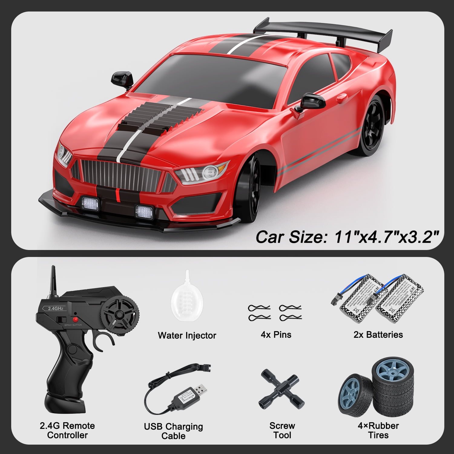 1:16 Scale Remote Control Car RC Drift Car, 4WD 18KM/H High Speed Model Vehicle with LED Lights Spray Rubber Tire Racing Sport Toy Car