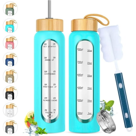 32 oz Glass Water Bottle with Straw - Motivational Time Marker & Silicone Sleeve - Reusable Tumbler Includes 2 Bamboo Lids & Fruit Infuser - 1 Pack