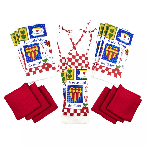 Friendship Warms the Heart 14-Piece Kitchen Towel Set in Red/White