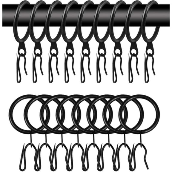 30 Pcs Metal Curtain Drapery Rings Curtain Rod Rings and 30 Pcs Metal Curtain Drapery Hooks Drapery Pins, 30 mm Internal Diameter Decorative Curtain Hanging Rings for Window Door Curtain (Black)