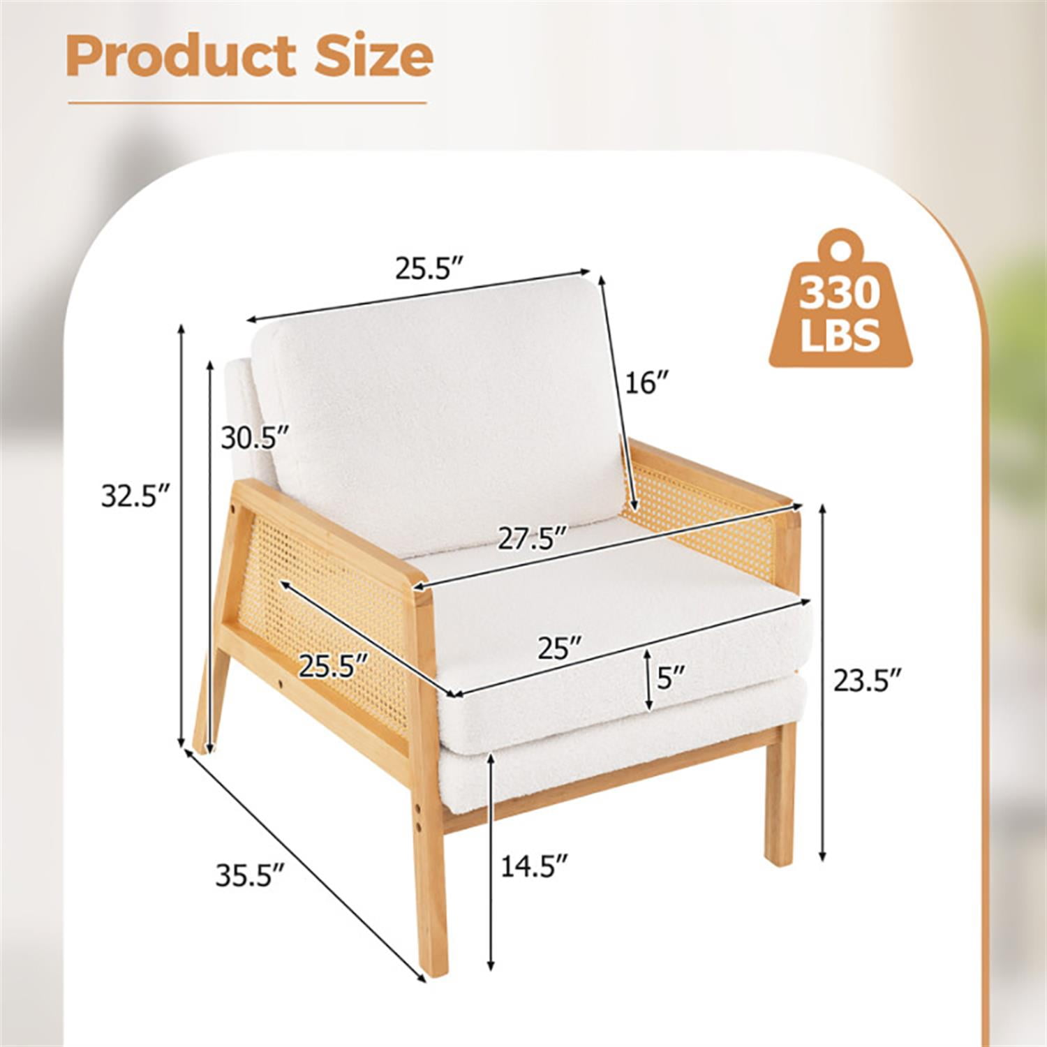 Demi Bonn Modern Accent Chair, Elegant Armchair with Rattan Arms and Cushion, Suitable for Living Room Bedroom Reception Room Office, Beige