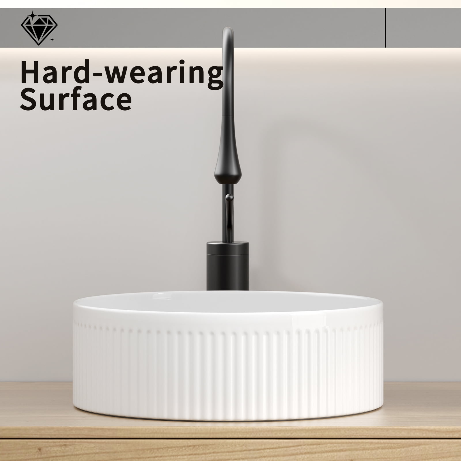 14" Round Ceramic Vessel Sink - Milk White Above Counter Bathroom Sink, Modern Wave Design, Porcelain Art Basin for Vanity Cabinet