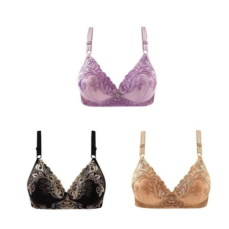 3PC Bras for Women V Plunge Embroidered Glossy Full Coverage Extra-Elastic Comfortable Underwear Push Up No Rims Bra Purple 2 36B