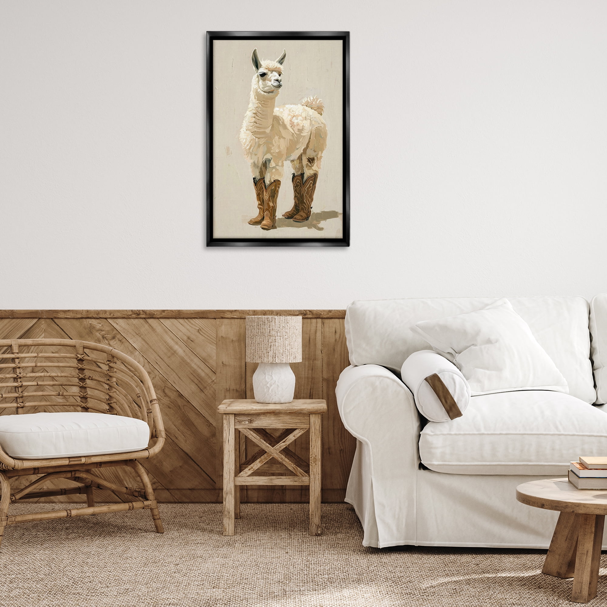 Stupell Industries Lamb & Cowboy Boots Animals & Insects Painting Black Floater Framed Canvas Art Print Wall Art, 21 x 31
