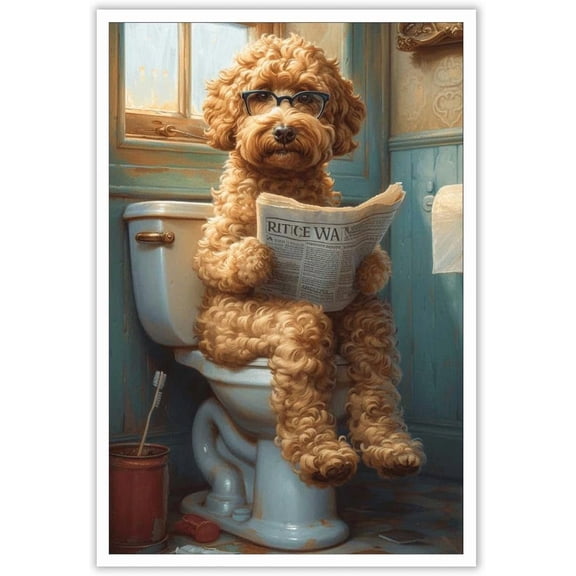 Aaheei Vintage Goldendoodle On Toilet Reading Newspaper Posters Wearing Glasses Animals Canvas Wall Art Dog Lovers Restroom Prints Painting For Home Bedroom Dorm Wall Decor