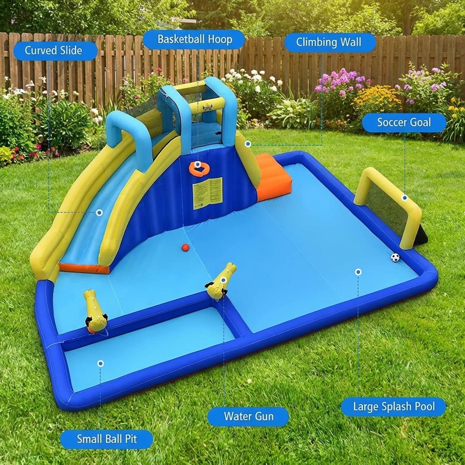 Redsmile 6-in-1 Inflatable Water Slides with Splash Pool Climbing Wall Basketball Hoop for Kids Aged 3-10 Outdoor Summer Play - Blue and Yellow
