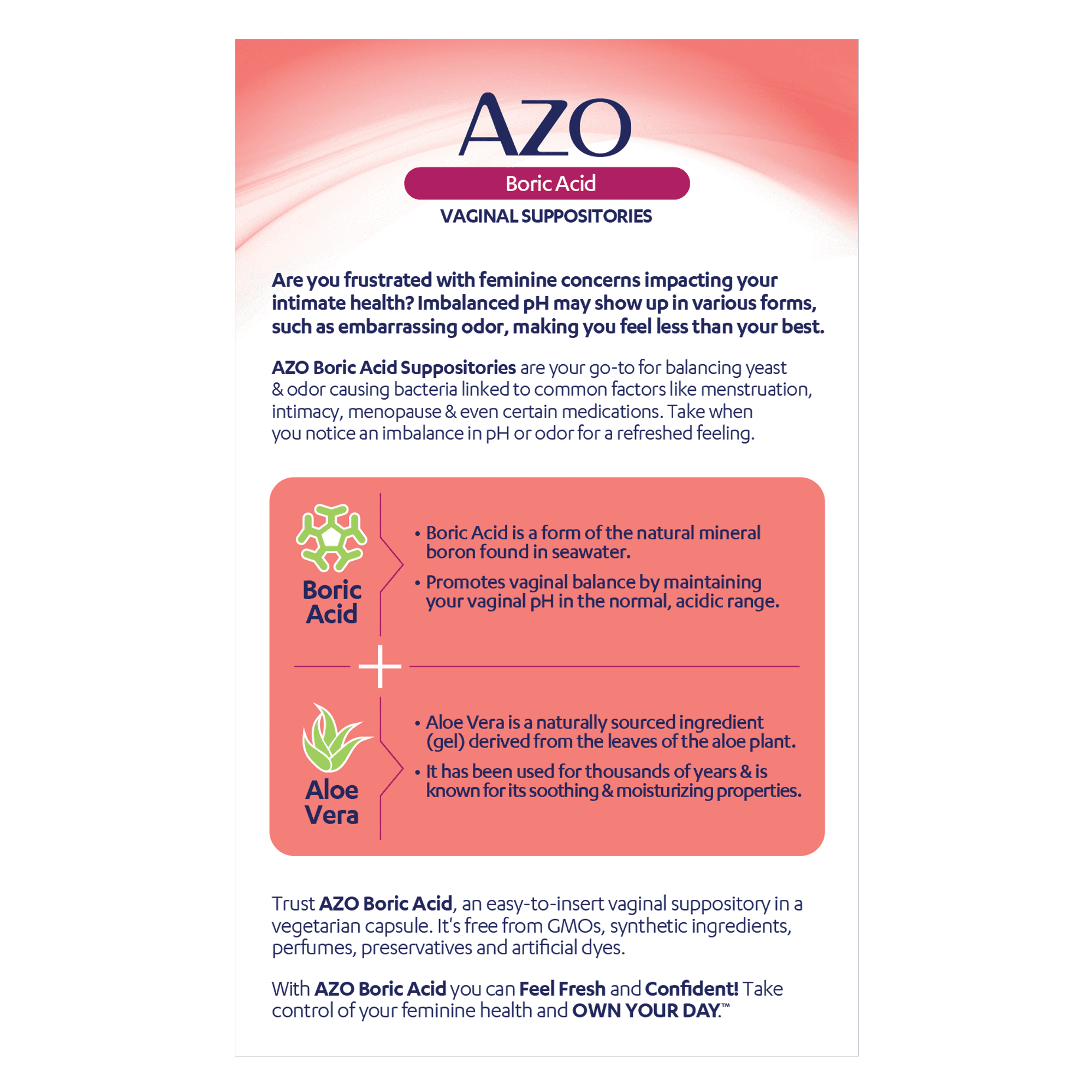 AZO Boric Acid Vaginal Suppositories with Aloe Vera, Supports Odor Control & Freshness Naturally, FSA/HSA Eligible, 30 Count
