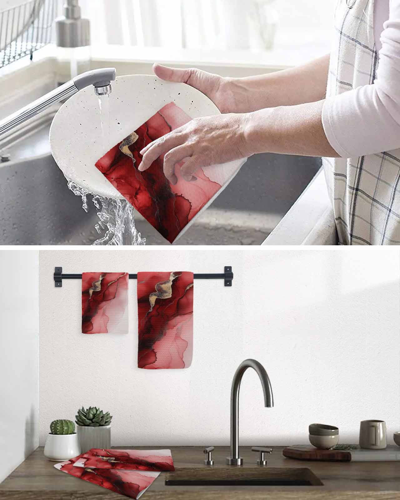 Red Marble Kitchen Dish Towels for Drying Dishes Set of 2, Modern Ombre Abstract Ink Painting Art Waffle Weave Microfiber Hand Tea Bathroom Towels Quick Dry & Absorbent Towel 15.7x23.6