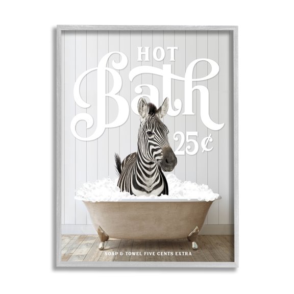 Stupell Industries Vintage Bathroom Zebra Animals & Insects Painting Gray Framed Art Print Wall Art, 16 x 20