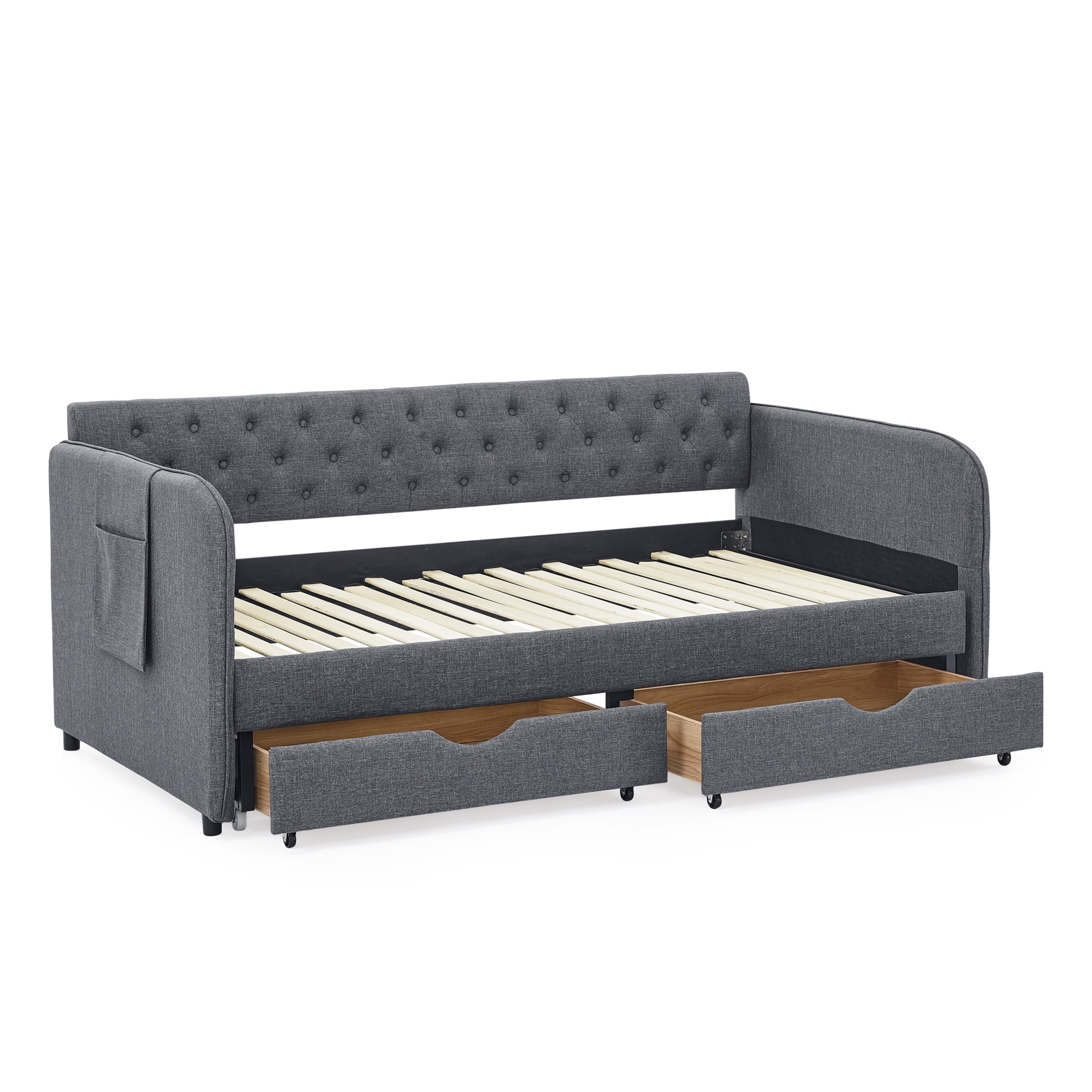 Noble House Nevaeh Twin Upholstered Linen Daybed, Extendable Twin to King Trundle Bed Frame with Storage Drawers, Dark Gray