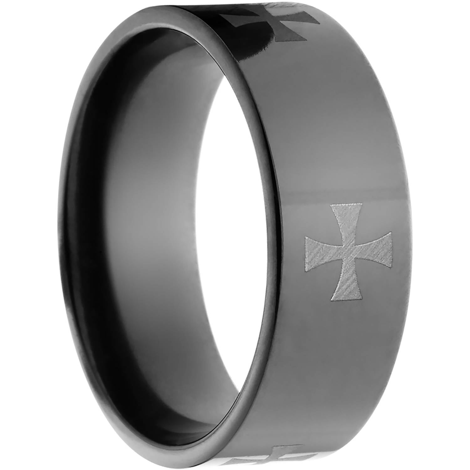 8mm Flat Black Zirconium Ring with a Laser Celtic Cross