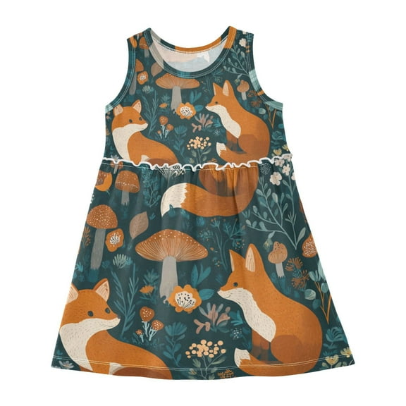 Girls Dress Cute Foxes Sleeveless Dress for Girls Hem A-Line Casual Sundress