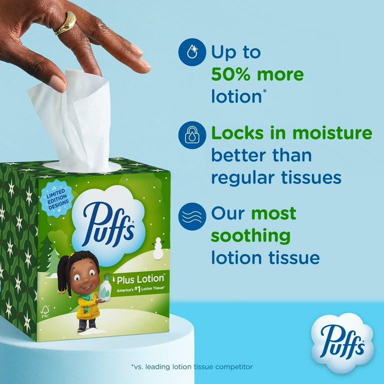 Puffs Plus Lotion Facial Tissue, 4 Mega Cube Boxes, White, 72 Tissues per Box