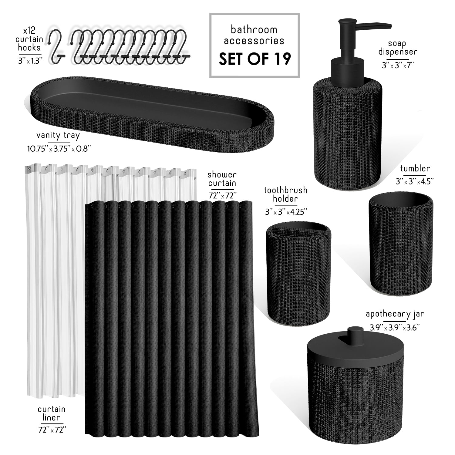 Hearth & Harbor 19 Piece Bathroom Sets with Shower Curtains and Bathroom Accessories, Black