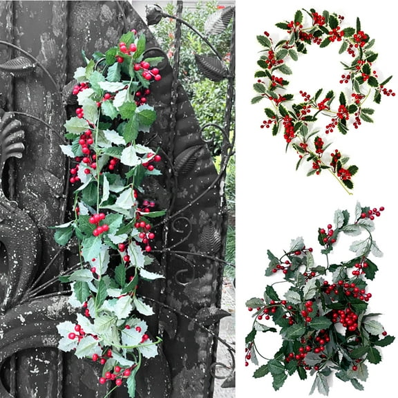 Cheers.US Christmas Garland Holly Leaves and Red Berries Winter Garland, Holiday Decoration Holly Leaf Garland, Premium Garland Christmas for Mantle(Dark/Light Green)-78.74"