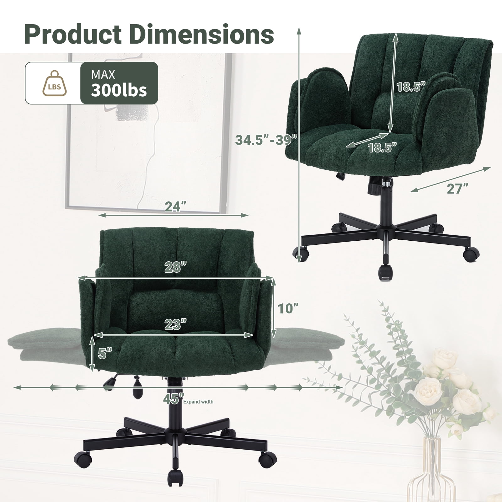 Criss Cross Office Chair with 6-Level Folding Arms and Wheels, Ergonomic Fabric Cross Legged Chair with Dynamic Lumbar Support, Plus Size Swivel Vanity Chair for Home Office, Living Room, Makeup
