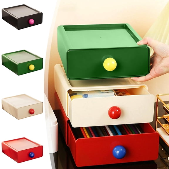 Desktop Drawer Organizer Storage Box Plastic 7.87x7.28x2.95in – Stackable Modular Drawers, Cute Color Knobs, Desk Vanity Office Workspace Organizer