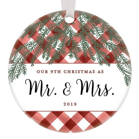 Couples Christmas Tree Ornament 2019 Best Anniversary Present Idea Mr & Mrs 9 Years in Love Husband Wife Modern Rustic Buffalo Plaid Pine Red White Wedding Farmhouse Decoration 3” Ceramic (Best Christmas Presents This Year)