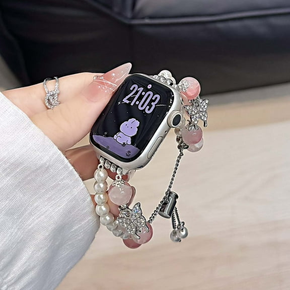 Stylish Pearl Beaded Band Compatible for Apple Watch Bands 42mm 41mm 40mm 38mm, Elegant Chain Strap Bracelet with Charms Butterfly Pendants for iWatch Series 10 9 8 7 6 5 4 SE 3 2 1, Rosered