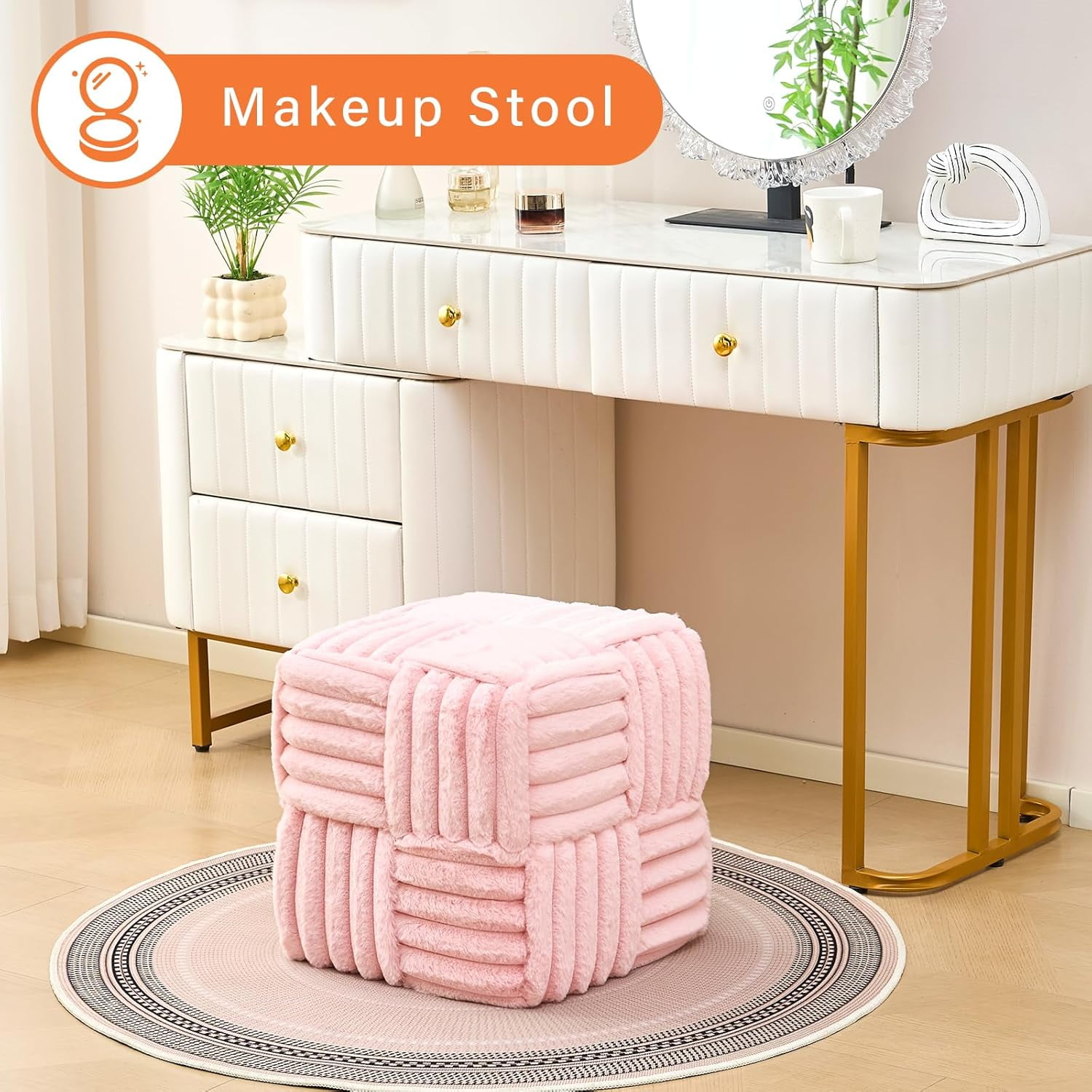 Casa Pura Furniture Faux Fur Vanity Ottoman Footrest, 15" Square Soft Padded Stool, No Assembly Required, for Bedroom, Living Room and Entryway