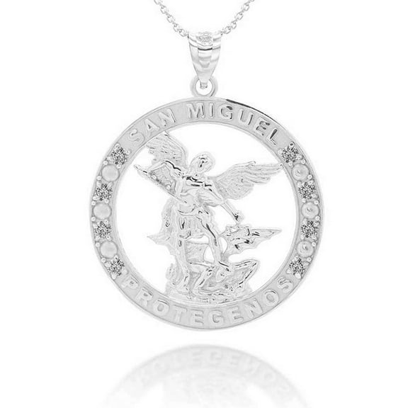 .925 Sterling Silver Religious Saint Michael CZ Medallion Pendant Necklace (Pendant with 18" chain)