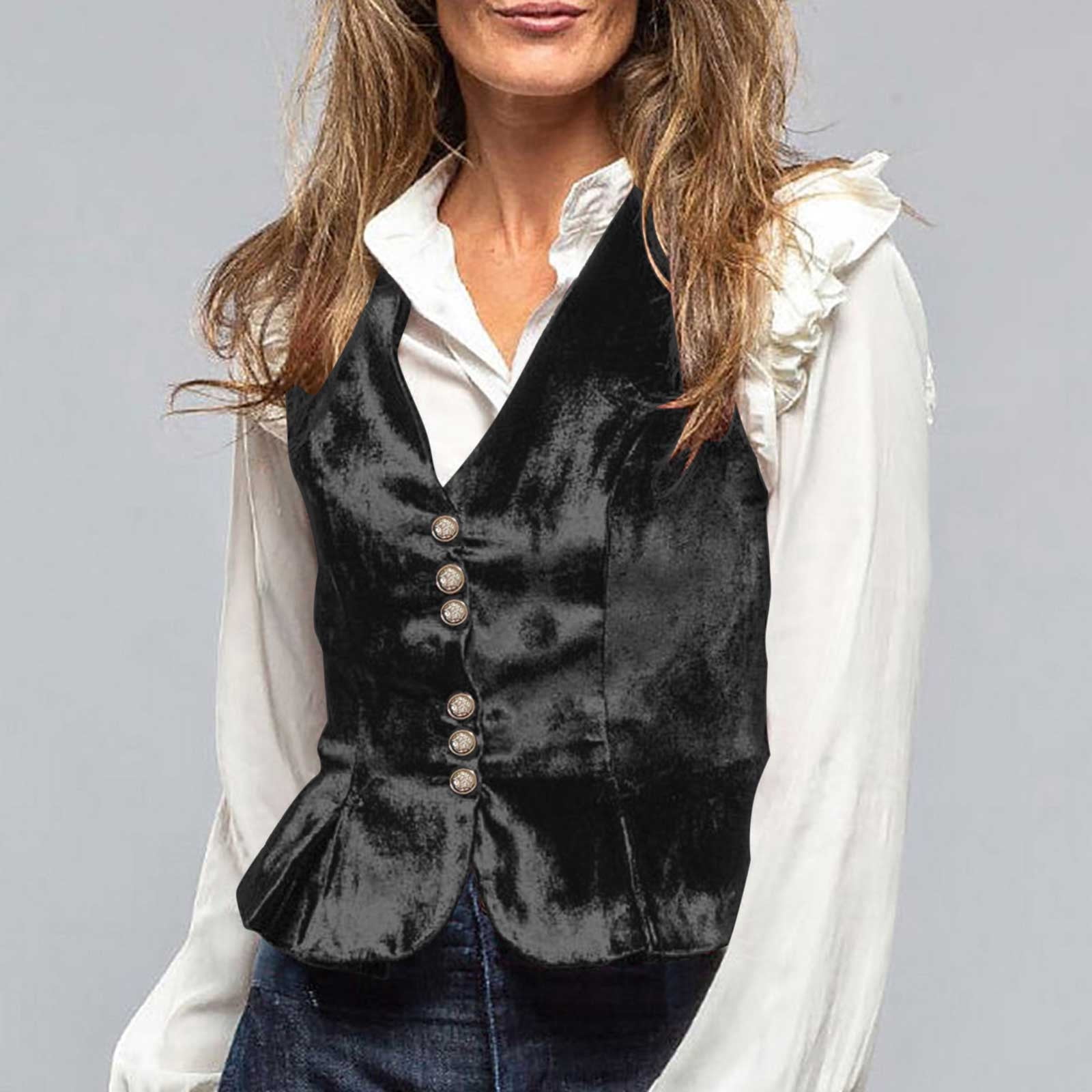 JGGSPWM Women's V Neck Velvet Vest 6 Button Formal