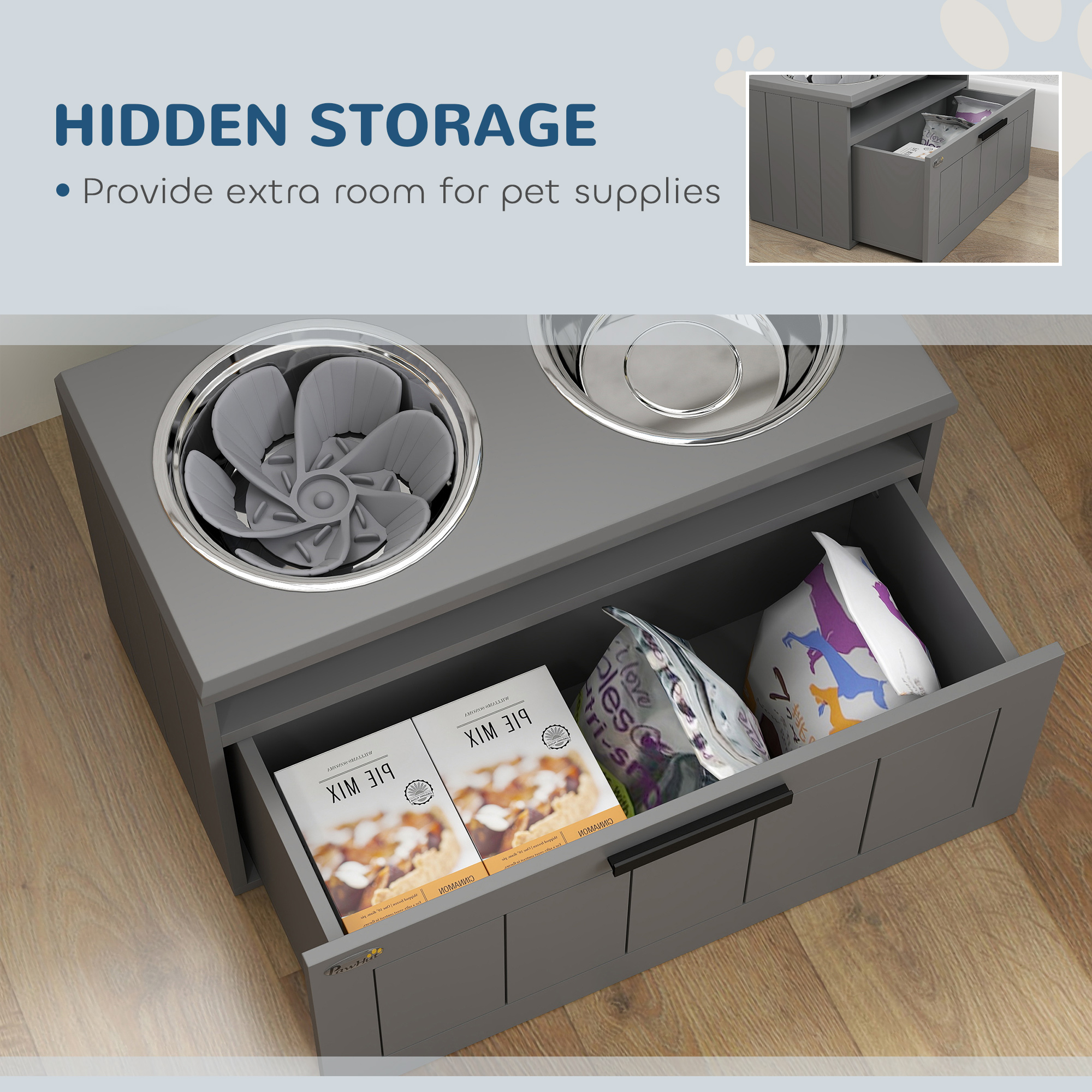 PawHut Elevated Dog Bowls, Raised Dogs Bowl Stand with 2 Stainless Steel Bowls, 25L Storage Drawer and Slow Feeder Mat