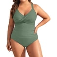 thumbnail image 2 of Women's Two Pieces Plus Size Tankini Set Tummy Control Elastic Waist Straps Bathing Suits Summer Fall Casual Seaside Beach Plus Size Swimsuit,Army Green,7XL, 2 of 9